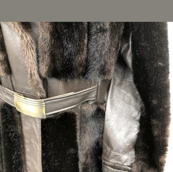 Vintage Faux Fur w/ Leather Panel Belted Coat - Picture 6 of 8